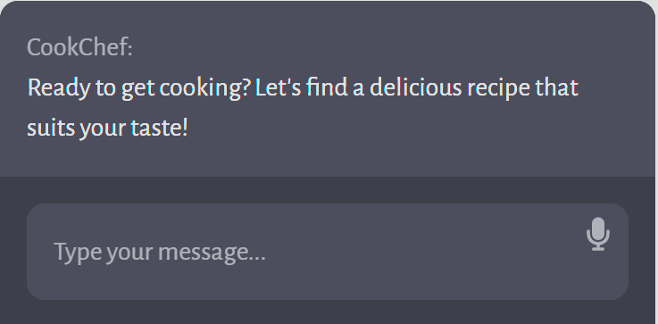 Screenshot of a chat interface with a culinary AI assistant named CookChef, offering to help find a delicious recipe based on the user's taste preferences.