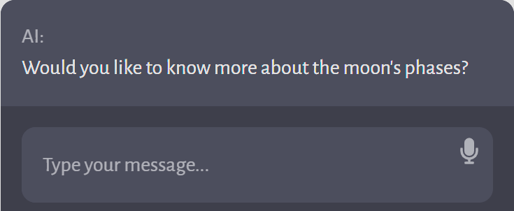 A chat interface with an AI assistant offering to provide information about the moon's phases, a feature valuable for Montessori workshops engaging families, educators, and teachers in astronomy.