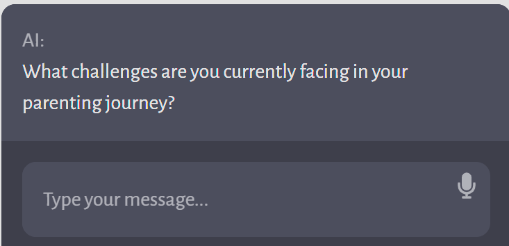 Screenshot of a chat interface with an AI assistant offering parenting support, with the message, "What challenges are you currently facing in your parenting journey?" indicating a focus on Montessori workshops and resources for families, educators, and teachers.