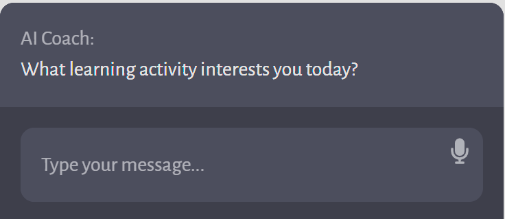 A screenshot of a conversation with an AI Coach, which asks, "What learning activity interests you today?" indicating an interactive session within a Montessori-inspired personal growth and wellness program.
