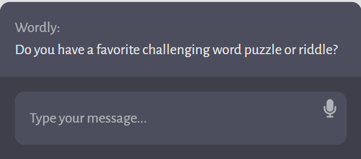 A screenshot of an interactive word puzzle game interface with a text prompt asking, "Do you have a favorite challenging word puzzle or riddle?" This is an example of the tools used in Montessori workshops to engage families, educators, and teachers, with AI assistants like ChatGPT offering hints, tracking progress, and educating participants on language development.