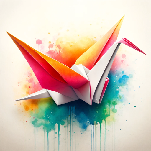 A vibrant origami crane with an explosion of watercolor hues in the background, symbolizing the fusion of art and education in Montessori workshops