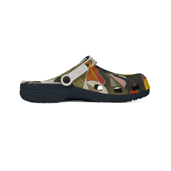 A digital artwork image showcasing personalized Nature Discovery Clogs with a unique all-over-print design, featuring EVA foam for supreme comfort and black & white insole and outsole.
