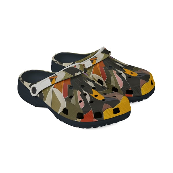 A pair of Nature Exploration Discovery Clogs with a unique digital artwork design for all-day comfort, featuring EVA foam cushioning and arch support.