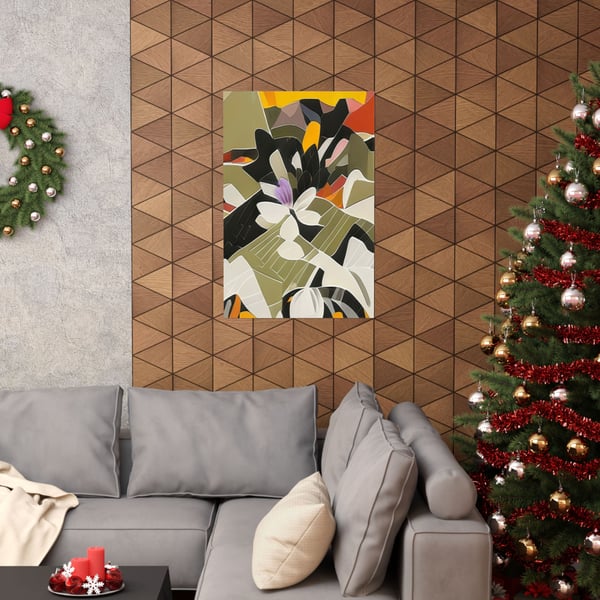 Montessori-inspired digital artwork Nature Discovery poster printed on premium matte archival paper, displayed on a living room wall beside a Christmas tree.