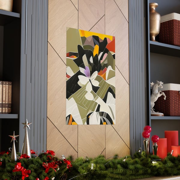 A Nature Discovery Montessori Artistry poster with a vibrant digital artwork of abstract botanical patterns displayed elegantly on a wall, surrounded by holiday decorations.