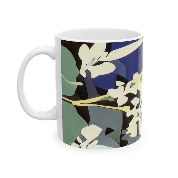 A white ceramic mug with a digital artwork inspired by nature, featuring abstract floral patterns in calming shades of green, blue, and white.