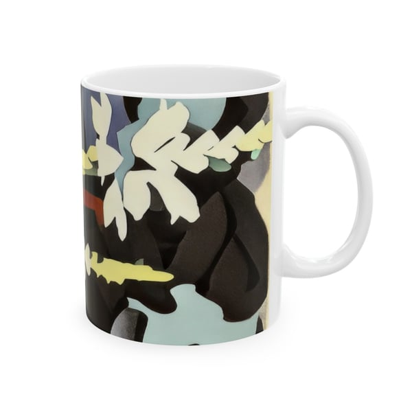 A ceramic mug adorned with a nature-inspired digital artwork featuring abstract floral patterns in a harmonious blend of earthy and pastel tones, reflecting a Montessori-inspired aesthetic.