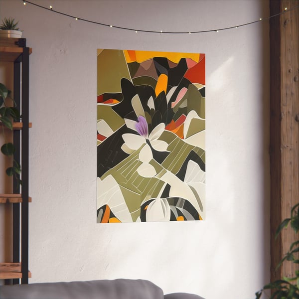A Montessori-inspired Nature Discovery artistry poster featuring abstract digital artwork of flora, displayed on a wall with warm lighting and indoor plants.