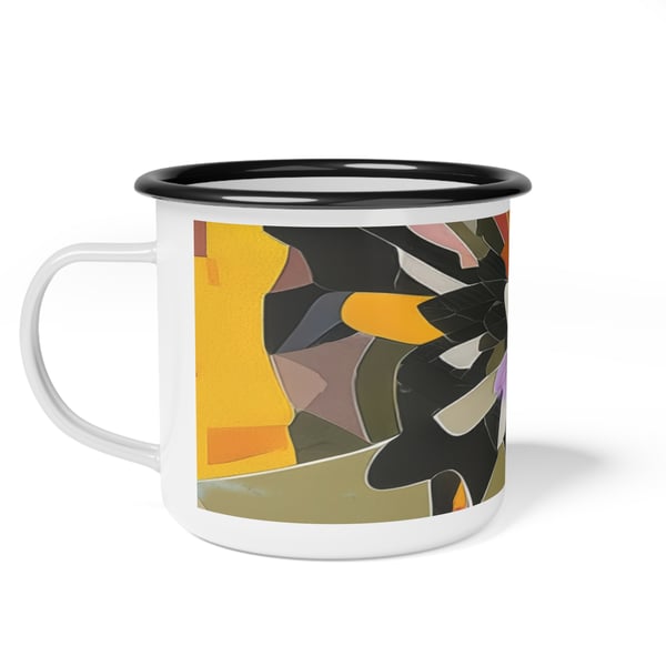 A 12oz Montessori Explorer Enamel Cup with a digital camouflage artwork design, featuring a glossy finish on a white and black enamel glazed surface.