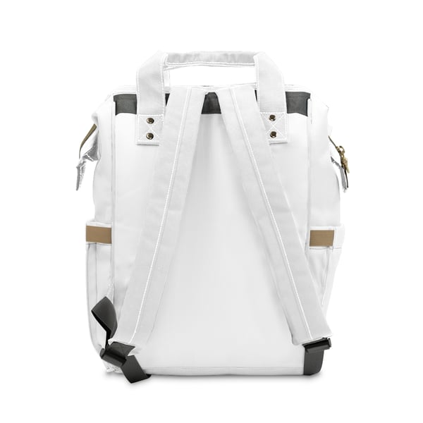 Digital artwork of a multifunctional diaper backpack designed to support parents on the go. The image showcases a high-grade nylon white backpack with adjustable shoulder straps, a padded back panel, and a cream interior lining, emphasizing its durability and practicality for carrying essentials like milk bottles, diapers, and wet wipes.