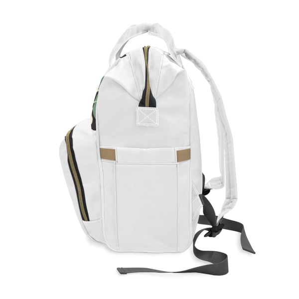 Digital artwork showcasing a Montessori-inspired multifunctional diaper backpack made from 100% high-grade nylon, featuring one main zipper pocket, three elastic pockets, one net pocket, adjustable shoulder straps, a padded back panel, and a cream interior lining, suitable for day trips.
