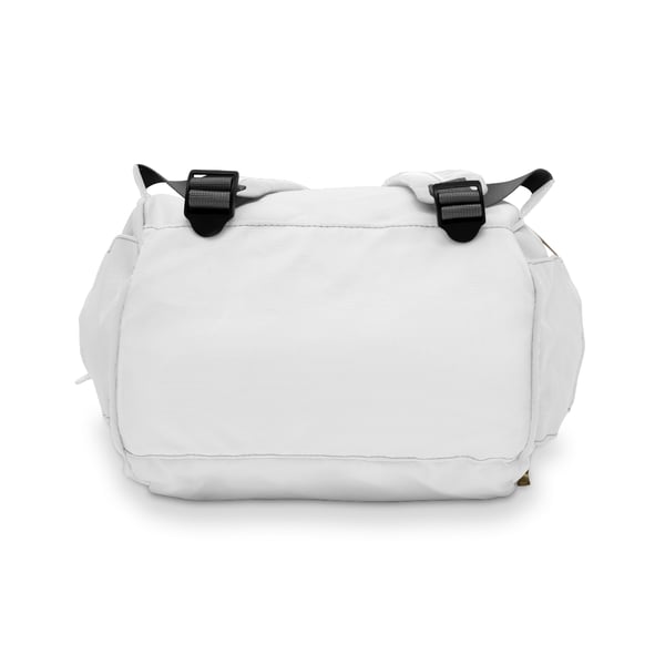 Digital artwork showcasing a multifunctional diaper backpack made of 100% high-grade nylon, featuring adjustable shoulder straps and a cream interior lining. The backpack includes a main pocket with a zipper, three elastic pockets, and one net pocket, designed for storing essentials for toddlers such as milk bottles, wet wipes, and diapers.