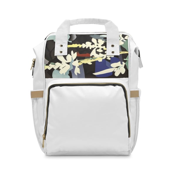 Digital artwork of a Multifunctional Diaper Backpack, featuring a modern floral print on the top section and a solid cream color base with a front zipper pocket. The backpack is designed for practicality and style, crafted from 100% high-grade nylon, with dimensions of 15.0" × 10.8" × 6.7'', showcasing adjustable shoulder straps, a padded back panel, and a cream interior lining.