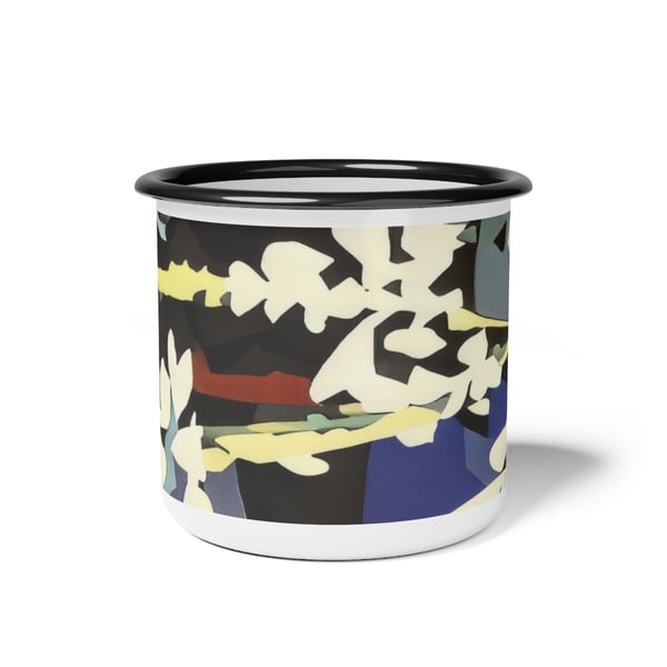 Montessori-inspired enamel cup with abstract digital artwork design, featuring a combination of black rim and vibrant patterns.