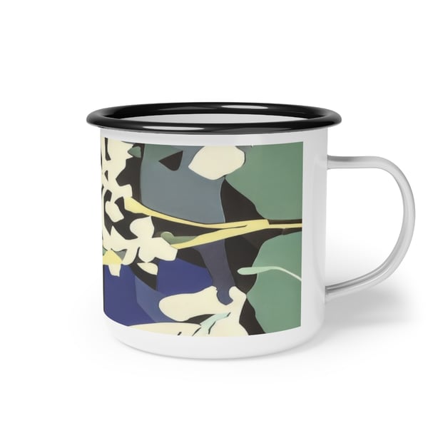Montessori-inspired digital artwork on a 12oz enamel camping mug with a glossy finish and abstract nature design.