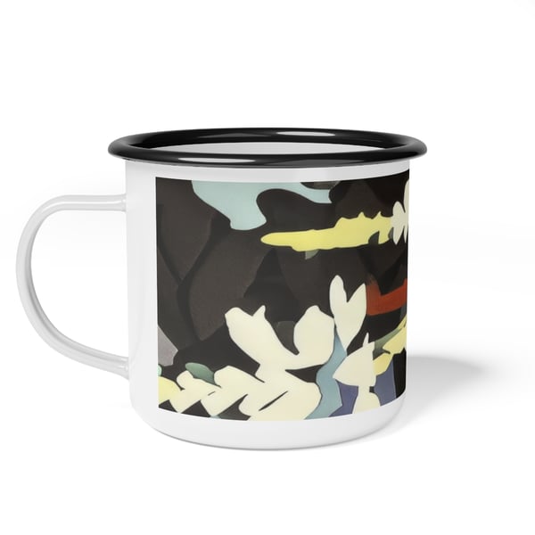A 12oz Montessori Explorer enamel cup with a Montessori-inspired digital artwork design, featuring a glossy finish and a durable, acid-proof construction.