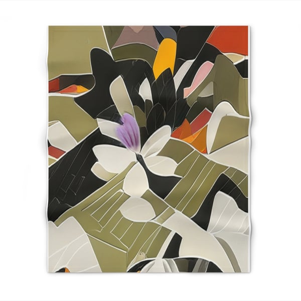 Abstract digital artwork design on a Montessori Artistry Discovery Soft Fleece Blanket with a blend of warm colors and botanical patterns.