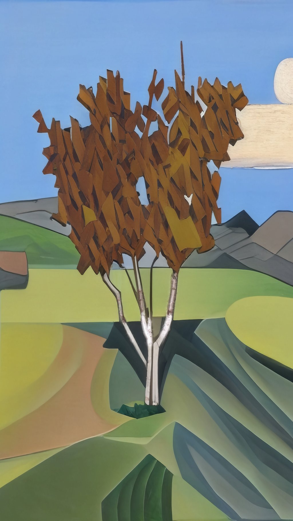 Stylized gardening digital art depicting a tree with geometric leaves and a pastel rolling landscape, reflecting a connection with nature and promoting eco-friendly activities such as creating wildflower seed bombs for sustainable gardening.