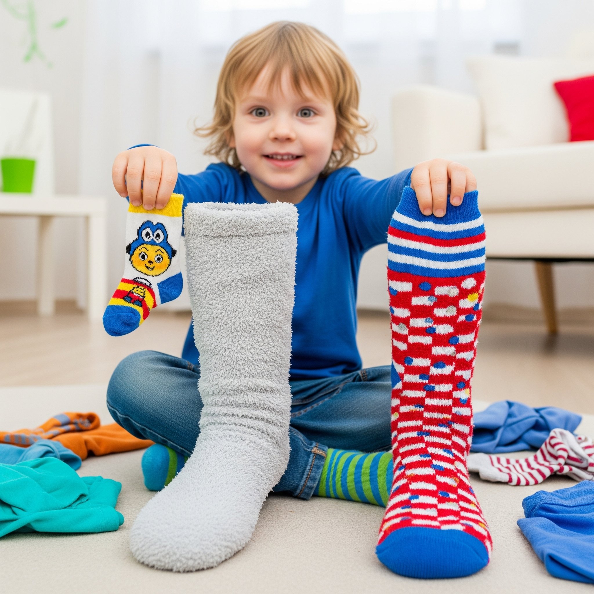 A child tries to pair socks after laundry, but ends up creating the most hilarious and mismatched combinations imaginable. They might try to pair a tiny baby sock with a huge adult one, or simply give up and wear two different socks with a proud grin, recalling a funny memory of misplacing their favorite sock.