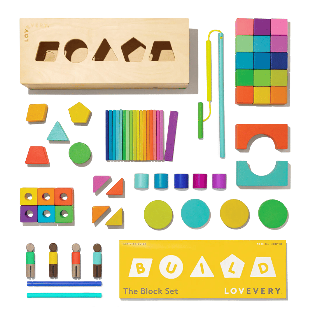 Set of colorful wooden blocks and shapes with sorting box and activity guide, arranged neatly on a black background.